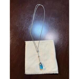 Elegant 18k White Gold Pineapple Cut Blue Topaz & Diamond Drop Necklace